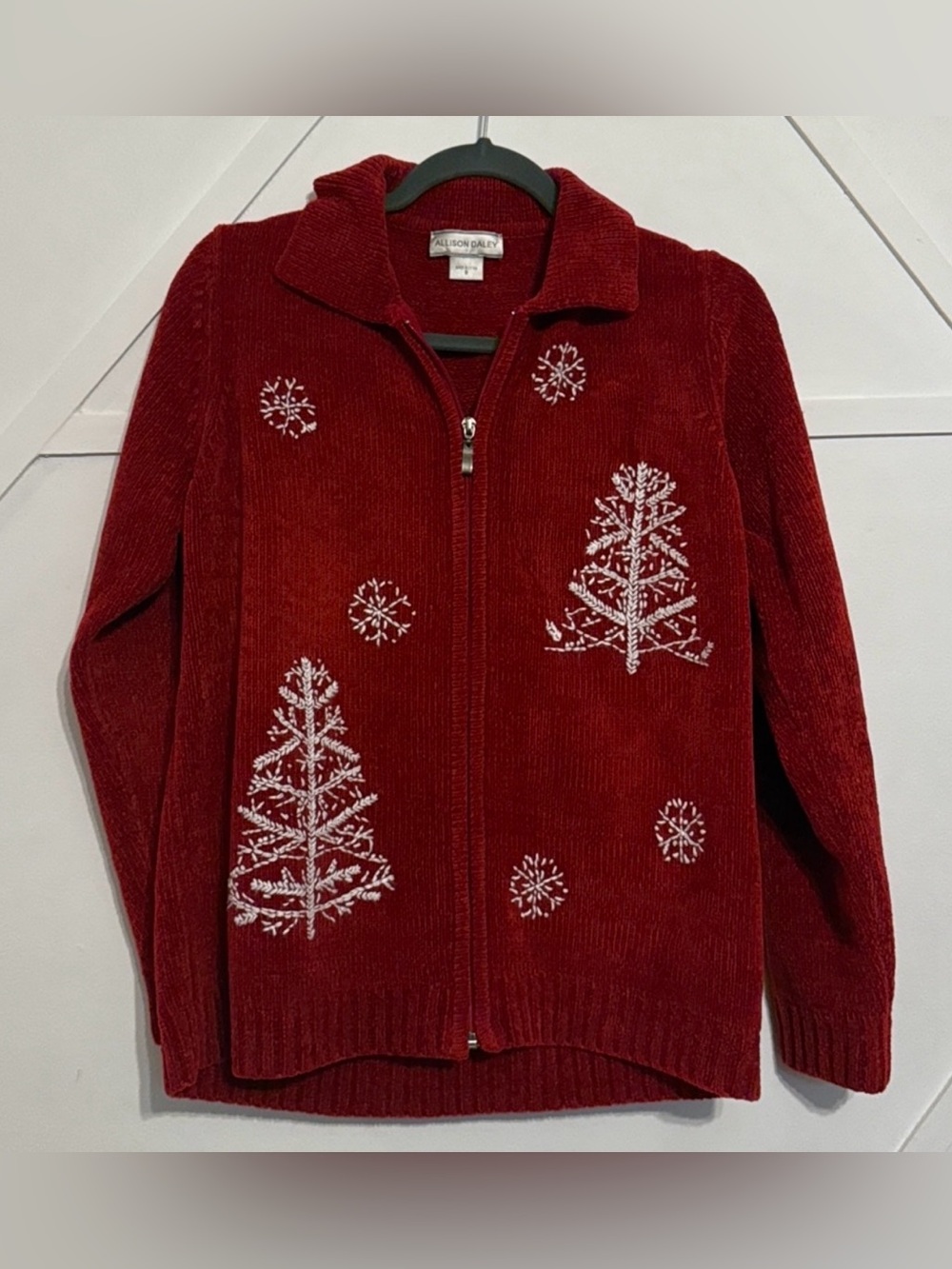 Allison Daley Red Zip-Front Holiday Cardigan with White Tree Embroidery